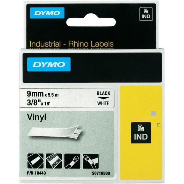 DYMO RHINO TAPE 9MMX5.5M WHITE VINYL - DY18443