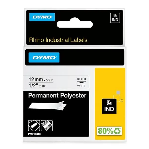 DYMO RHINO 12MMX5.5M WHITE PERMANENT POLYESTER-DY18483