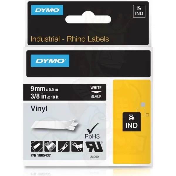 DYMO RHINO TAPE 9MM WHITE ON BLACK VINYL - DY1805437