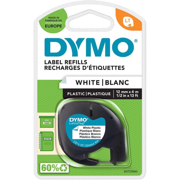 DYMO LETRA TAG TAPE 12MMX4M PLASTIC WHITE-DYS0721660