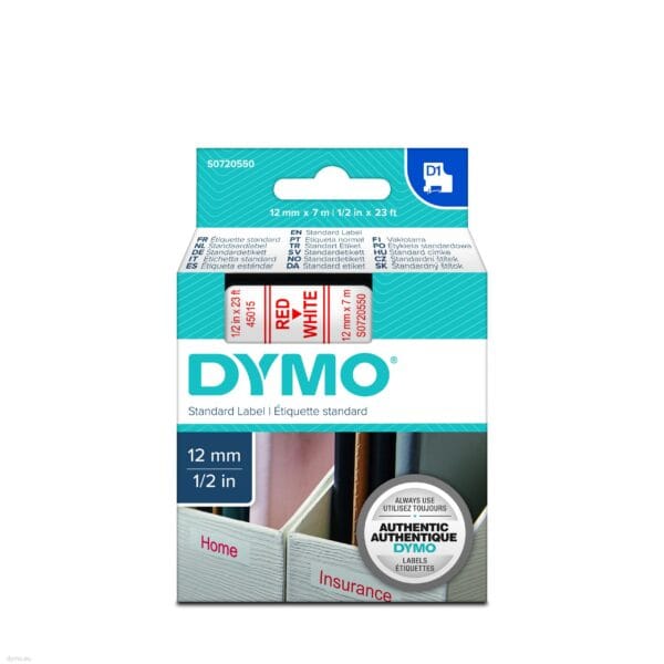 DYMO TAPE 12MMX7M RED ON WHITE D1 - DYS0720550