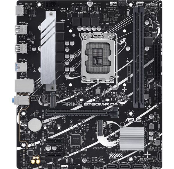 PRIME B760M-R D4 LGA 1700 Micro-ATX Motherboard, 2xDDR4 DIMM, Max 64GB Memory, PCIe 4.0 x16, Realtek 2.5Gb Ethernet, HDMI, USB 3.2 Gen 1, Aura Sync | 90MB1HA0-M0EAY0