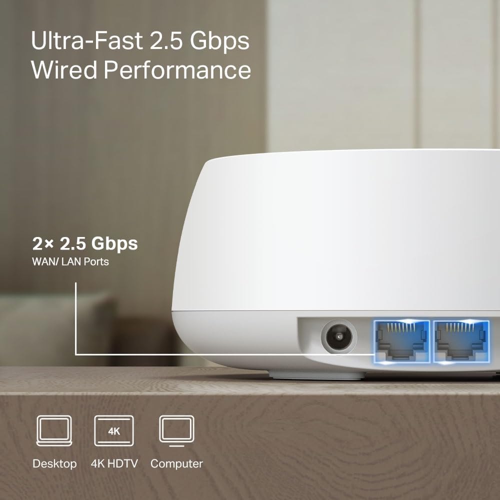 - TP-Link Deco BE25(3-pack), BE3600 Mbps, 2×2.5 Gbps Ports, AI Supported Multi-Process Capability