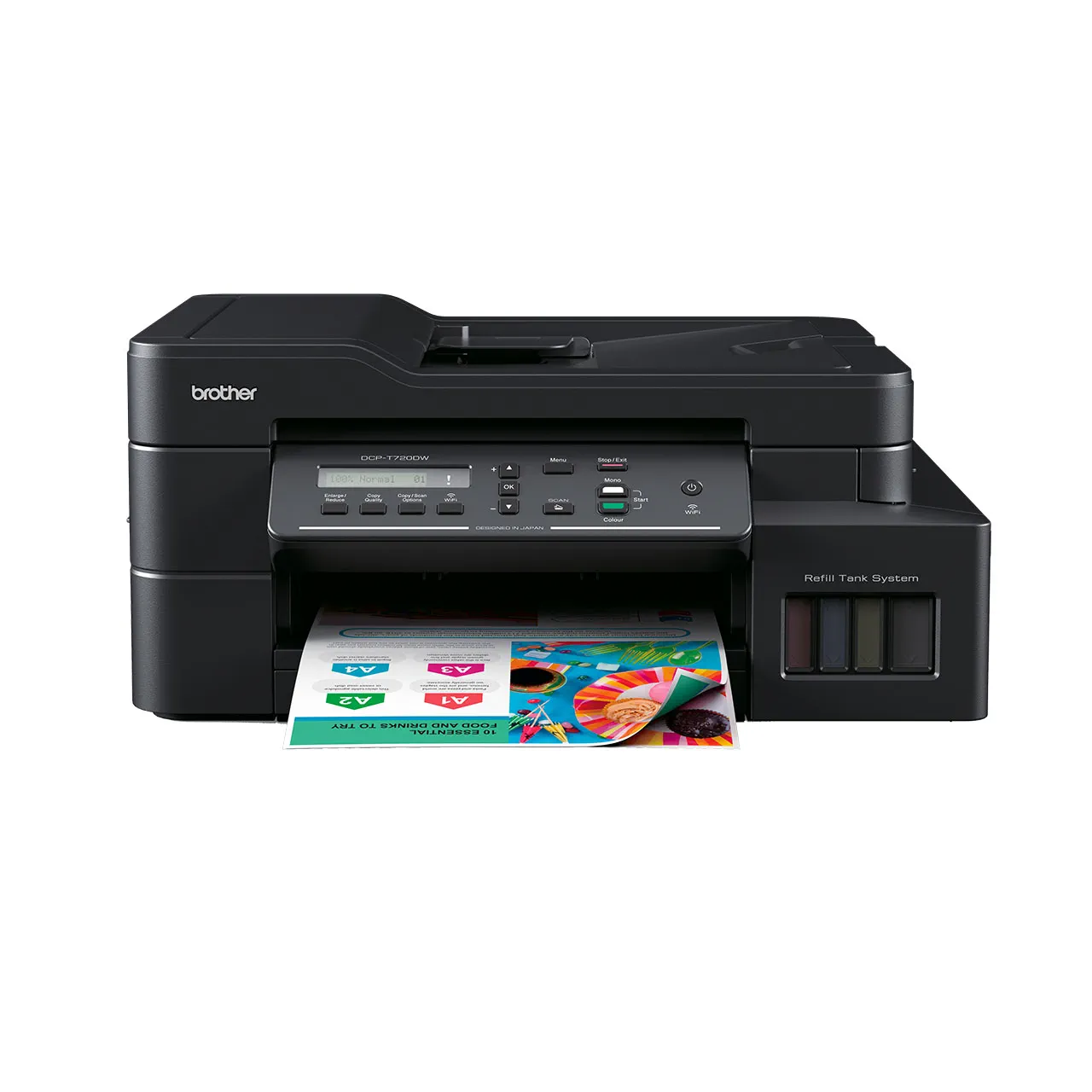 T720-FRONTVIEW T720 FRONTVIEW - Brother Wireless All In One Ink Tank Printer, Automatic 2 Sided Features, Mobile & Cloud Print And Scan, High Yield Ink Bottles, Black | DCP-T720DW
