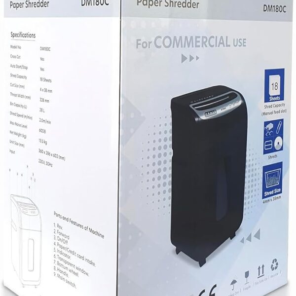 Maxi Paper Shredder 18-Sheet Cross-Cut, 28 Litres Shredder for Home and Office Heavy Duty, Shred Paper Clips, Staples and Credit Cards - MAXI DM180C