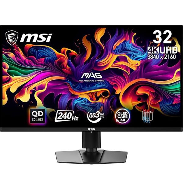 MSI MAG 321UPX QD-OLED 31.5 Inch 4K UHD Flat Gaming Monitor - 3840 x 2160 Quantum Dot OLED Panel, 240Hz / 0.03ms, 99% DCI-P3, DisplayHDR True Black 400, KVM - DP 1.4a, HDMI 2.1, USB Type-C