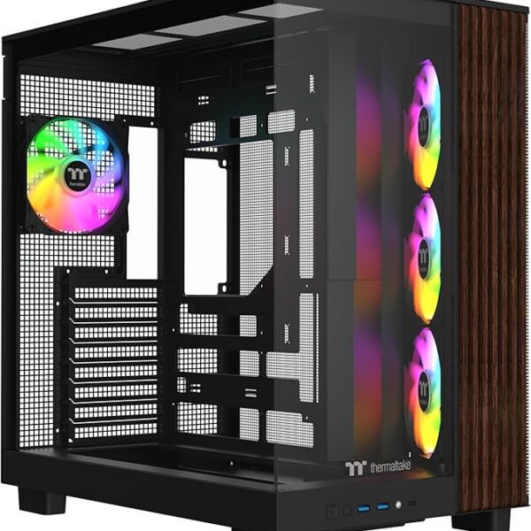 Thermaltake View 380 XL WS ARGB; Mid Tower Chassis; Side Wood Trim; 4x120mm ARGB Lite Fans Included; 420mm GPU Clearance; ATX/mATX/mITX; Hidden Connector Support; Dual Chamber; Black; CA-11E-00M1WN-WS