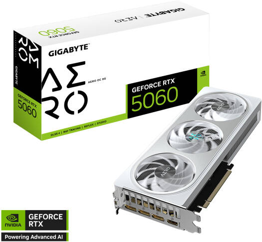 GIGABYTE GeForce RTX 5060 AERO OC Graphics Card, 8GB GDDR7 128-Bit Memory, 2595 MHz Core Clock, 3840 CUDA Cores, 28 Gbps Memory Speed, PCI Express 5.0, White | GV-N5060AERO OC-8GD