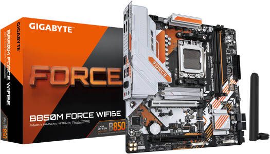 GIGABYTE B850M FORCE WIFI6E AM5 Micro ATX Motherboard, AMD B850 Chipset, 2x DDR5 DIMM Slots, Up to 256GB Max Memory, 1x PCIe 5.0 x16 Slot, 3x M.2 Slots, WiFi 6E & BT 5.3 | B850M-FORCE-WF6E