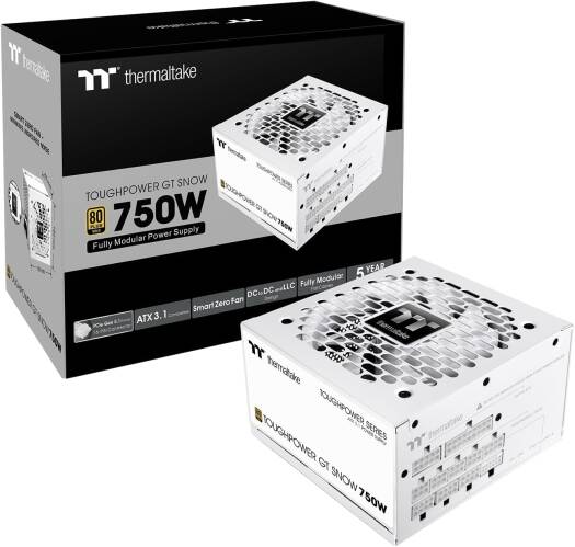 Thermaltake Toughpower GT 750W Fully Modular Power Supply, 80 PLUS Gold Efficiency, Active PFC, 120mm Hydraulic Bearing Fan, PCIe Gen 5.1 Ready, ATX 3.1 Ready, White | PS-TPT-0750FNFAGK-W