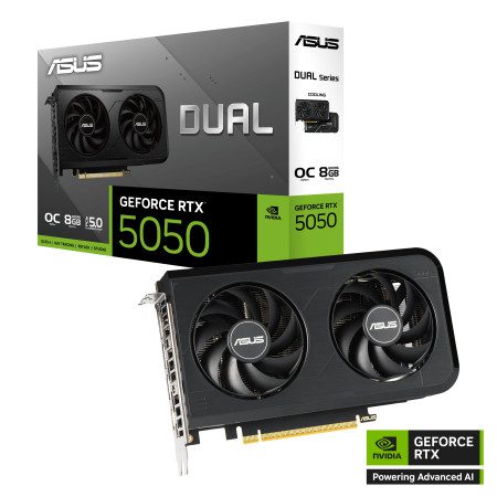 ASUS Dual GeForce RTX 5050 O8G 8GB GDDR6 OC Edition Graphics Card, 128-Bit, 20Gbps, 1x 8-Pin Power, PCIe 4.0, Dual Axial-Tech Fans, Vented Backplate, Dual BIOS (Performance/Quiet Modes), DLSS 4, Ray Tracing, HDMI 2.1 & DisplayPort 1.4a, Compact 2-Slot Design, Black | 90YV0N72-M0NA00 black